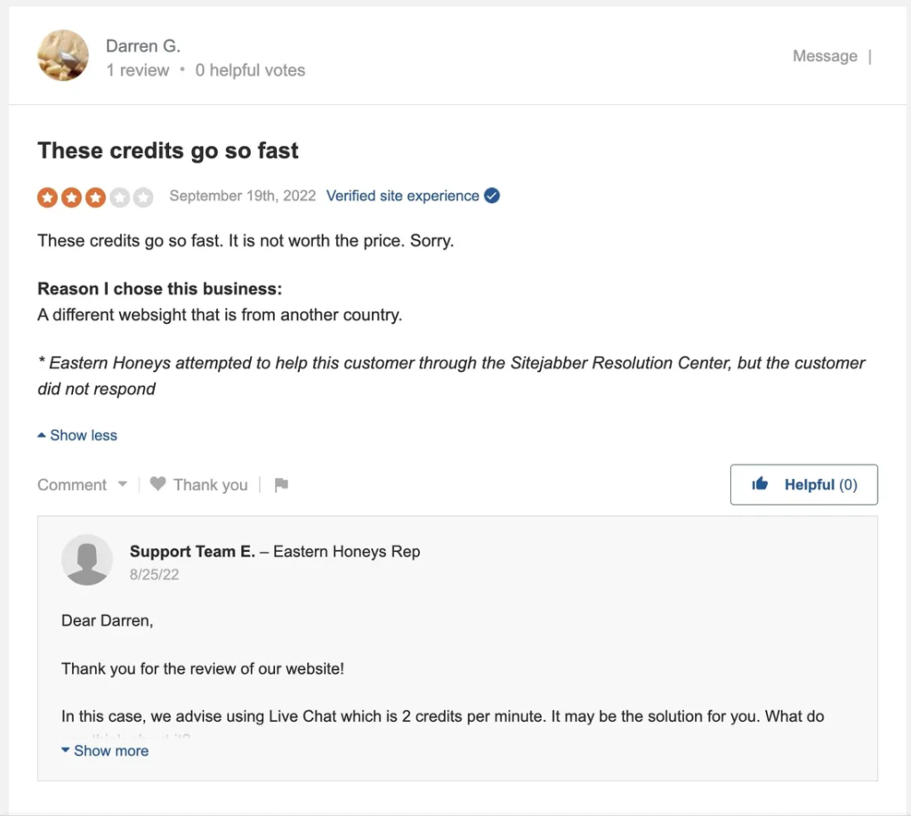 What users dislike EasternHoneys