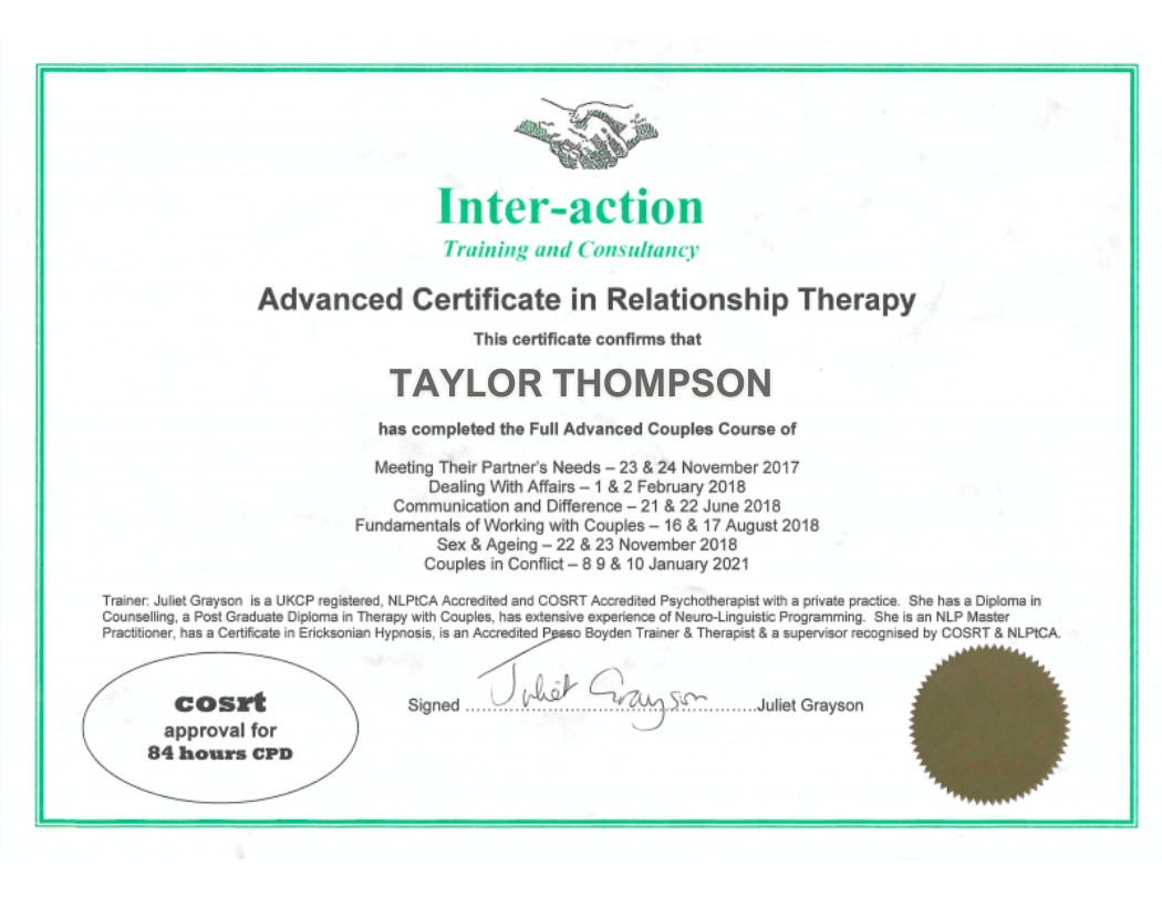 taylor thompson certificate in relationship therapy